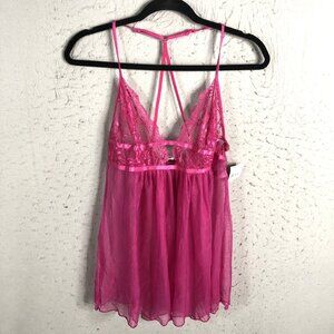In Bloom By Jonquil Slip Top Womens M Hot Pink Babydoll Y2K  Lace Mesh Sheer NEW